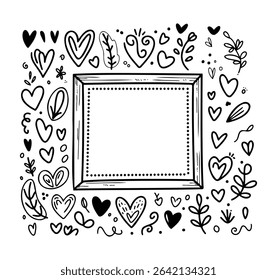 Decorative frame surrounded by intricate hand-drawn hearts and leaves in black and white design for art or crafts projects