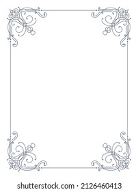 Decorative frame with swirls corners. Elegance border. Simple contour for wedding, greeting banner design. Isolated vector illustration