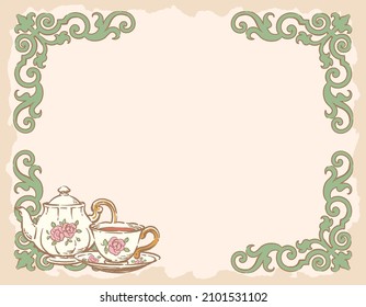 Decorative frame with tea time objects. Vintage style. Vector illustration.