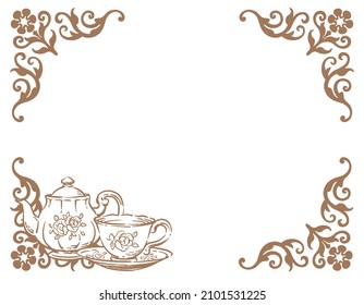 Decorative frame with tea time objects. Vintage style. Vector illustration.