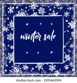Decorative frame, template for greeting card, banner, pass sale. New year, winter style, hand-drawn snowflakes illustration