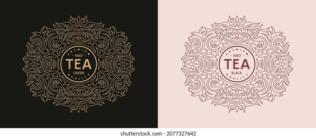 Decorative frame for template label of tea. Ornament in thin line style. Vector illustration