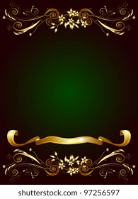 Decorative frame for text on a dark green background with gold floral ornaments and ribbon