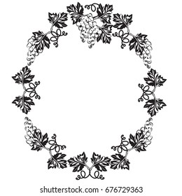 Decorative frame, frame for the text of an oval form, with vignettes in the form of grapevines, leaves and fruits, black-and-white vector image