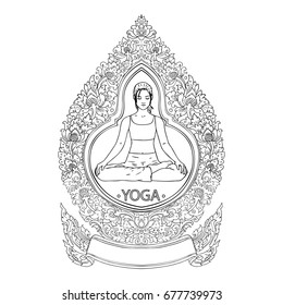 Decorative Frame. Traditional Thai Ornament with Yoga woman sitting lotus pose.Abstract Design Pattern.