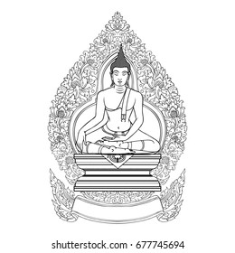 Decorative Frame. Traditional Thai Ornament with Lord Buddha. Colouring book.