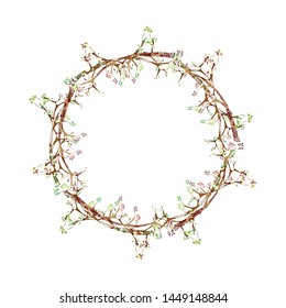 Decorative frame from tree branches drawn in ethnic style. Colorful design element for sticker, scrapbook, greeting cards.