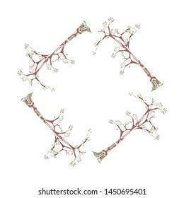 Decorative frame from tree branches drawn in ethnic style. Colorful design element for sticker, scrapbook, cards.