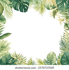 Decorative frame of tropical foliage, natural border with a light and airy feel vector design. Watercolor blend of various leaf shapes and sizes for invitations or cards