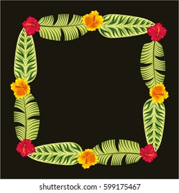 decorative frame with tropical leaves and flowers over black background. colorful desing. vector illustration