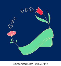Decorative frame of two flowers, hearts and green ribbon on a dark blue background