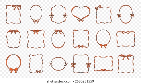 Decorative Frame Vector Set With Bows. Hand Drawn Decorative Frame Collection for Invitation Design. Cute Decorative Frame Borders in Oval, Heart, Square Shapes for Scrapbooking, Wedding, Greeting