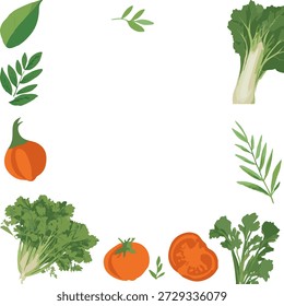 Dekorative Rahmen von Gemüse und Grüns: frische Petersilie, reife Tomaten, Kürbis- und Salatblätter in einer natürlichen Umrandung. Konzept der gesunden Ernährung, Naturprodukte, Vegetarier, Öko-Lifestyle
