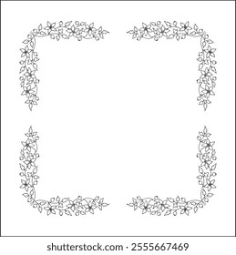 Decorative frame, vegetal ornamental frame with clematis flowers, decorative border, corners for greeting cards, banners, business cards, invitations. Isolated vector illustration.	