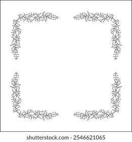 Decorative frame, vegetal ornamental frame with small berries, decorative border, corners for greeting cards, banners, business cards, invitations. Black and white. Isolated vector illustration.