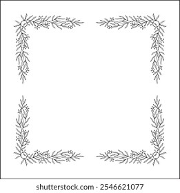 Decorative frame, vegetal ornamental frame with small berries, decorative border, corners for greeting cards, banners, business cards, invitations. Black and white. Isolated vector illustration.