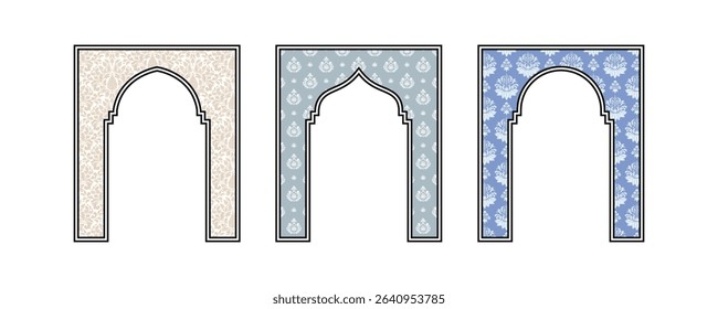Decorative frame with vintage floral damask seamless pattern in ornamental traditional eastern arch design vector illustration for artwork and interior.