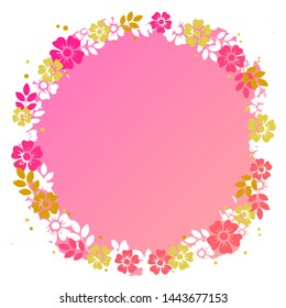 Decorative frame of white, colden, pink flowers and leaves in form of wreath on pink 