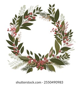 Decorative frame. Winter wreath with green branches and red berries. Illustration to be used for invitations, Christmas greetings, Christmas or New Year cards.