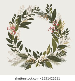 Decorative frame. Winter wreath with green branches. Illustration to be used for invitations, Christmas greetings, Christmas or New Year cards.