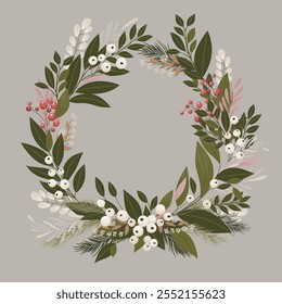 Decorative frame. Winter wreath with green branches. Illustration to be used for invitations, Christmas greetings, Christmas or New Year cards.