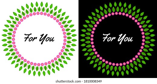Decorative frame with wreath of green leaves and pink flowers, card template, background, cover against black and background