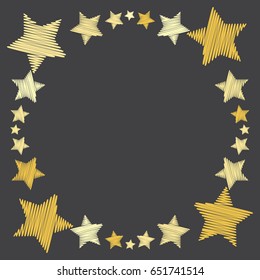 Decorative frame of yellow stars with machine embroidery texture, stitch effect illustration on grey. Night shy objects, cosmic elements design. Gray background. Card border template.