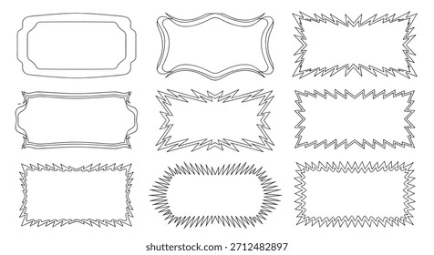 Molduras decorativas e formas de borda na arte em linha preta organizadas em uma variedade de estilos vintage e dinâmicos para projetos de design gráfico.