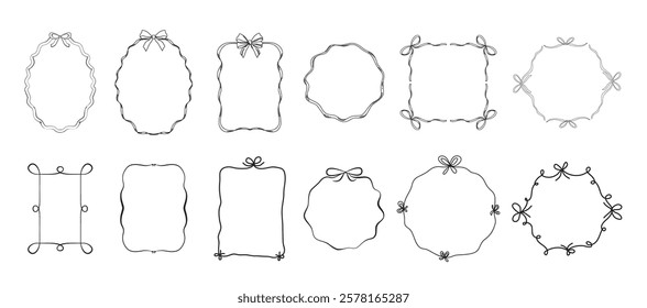 Decorative frames with bows, curvy ribbons and wavy lines isolated set in hand drawn linear minimal doodle style. Empty trendy round, oval, square whimsical borders templates vector illustration