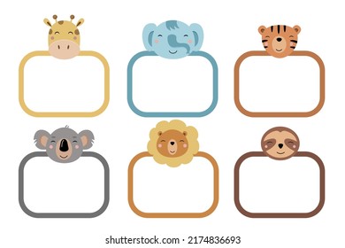 Decorative frames with cute animal heads. Vector illustration for baby photos, notes, cards and memories. Note design concept. Insert your photo
