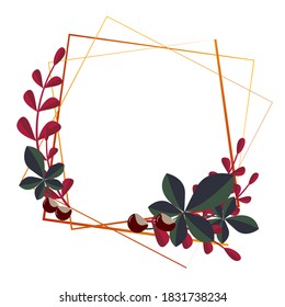 
Decorative frames decorated with chestnut leaves with red twigs and chestnuts, golden floral frames for decor photos and holiday cards, decor elements for wedding and holiday invitations, vector . svg