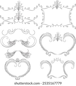 Decorative frames and deviders. Set of elements in baroque or rococo style. Pompous square, hearts and other shapes. Vector isolated design stuffs.