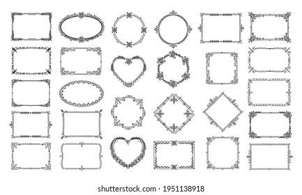 Decorative frames. Elegant floral heart, circle ornaments. Calligraphic ornate certificate, book decoration. Hand drawn vintage border vector set. Rectangle, square, rhombus, ellipse decorated shapes