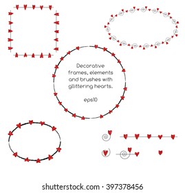 Decorative frames, elements and brushes set with red glittering hearts. Perfect for wedding and romantic design