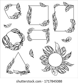 Decorative frames with  feathers: vintage vector set.  Simple elegant graphic template design. Geometry and sketch. Stylish illustration for card, invitation, holiday, package. Space for text, photo