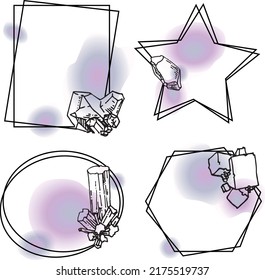 Decorative frames of geometric shapes with stones and watercolor spots. Graphic vector illustration