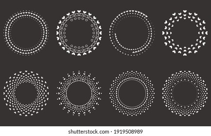 Decorative frames from hearts and dots. Set of round frames. Circle shapes. Designer templates for invitations and holiday cards.