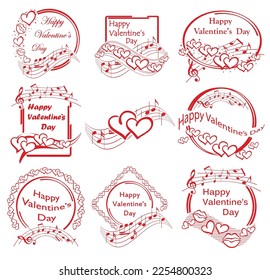 decorative frames with hearts and music notes for saint valentine day events - vector set of romantic stamps