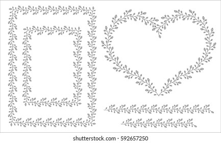 Decorative frames with leaves and lines for borders. Rectangle and heart shape. Vector illustration.