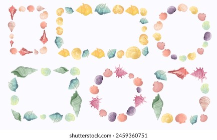 Сollection of decorative  frames made up of beautifully illustrated seashells in soft pastel colors. The variety of shells, including conchs, scallops, and spirals, are arranged in circular, rectangle