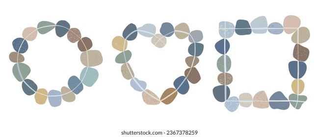 Decorative frames made of sea stones pebbles arranged in the form of geometric shapes. Circle, heart, square. Flat style. Vector illustration