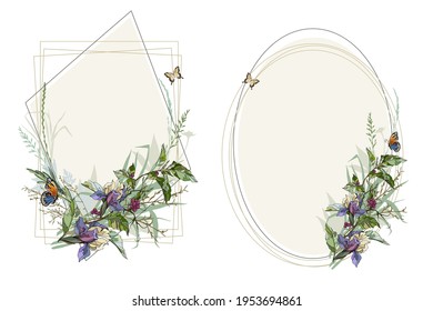 Decorative frames with meadow herbs, branches, berries and iris flowers.