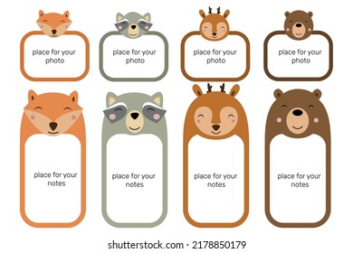 Decorative frames and notepads with cute animal heads. Vector illustration for baby photos, notes, cards and memories. Note design concept. Insert your photo