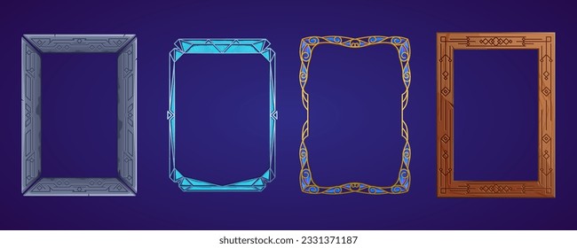 Decorative frames with ornament. Carved stone frame, carved wooden frame, engraved gold frame with gemstones, engraved silver frame with glass and ice pieces. Frames set. Vector cartoon illustration.