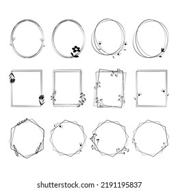 Decorative frames of various shapes with flowers in a minimalist style. Vector illustration of line art.