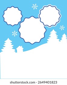 Decorative frames with wavy edges. Vertical template with 3 Photo frames. Christmas blue composition with trees, house and snowflakes. Vector Holiday Mockup, collage, background. EPS10.