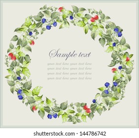 Decorative framework with blackberry and raspberries. Greeting card. Illustration blackberry and raspberries.