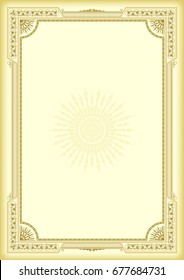 Decorative framework on yellow, golden background. Template for certificate, diploma. A4 page proportions. 
