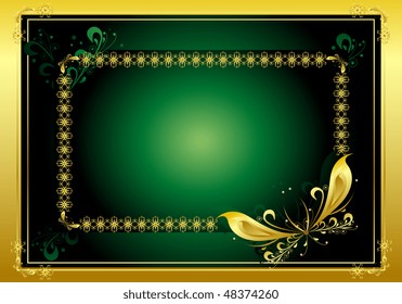 Decorative framework for the text on a dark green background with a gold fringing