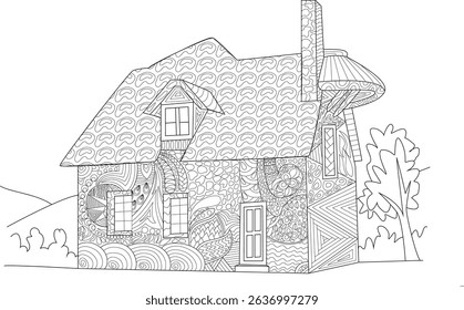 Decorative French House Line Art for Coloring Book, Intricate black and white line drawing of a house with a thatched roof and patterned walls, inspired by French architecture, suitable for adult